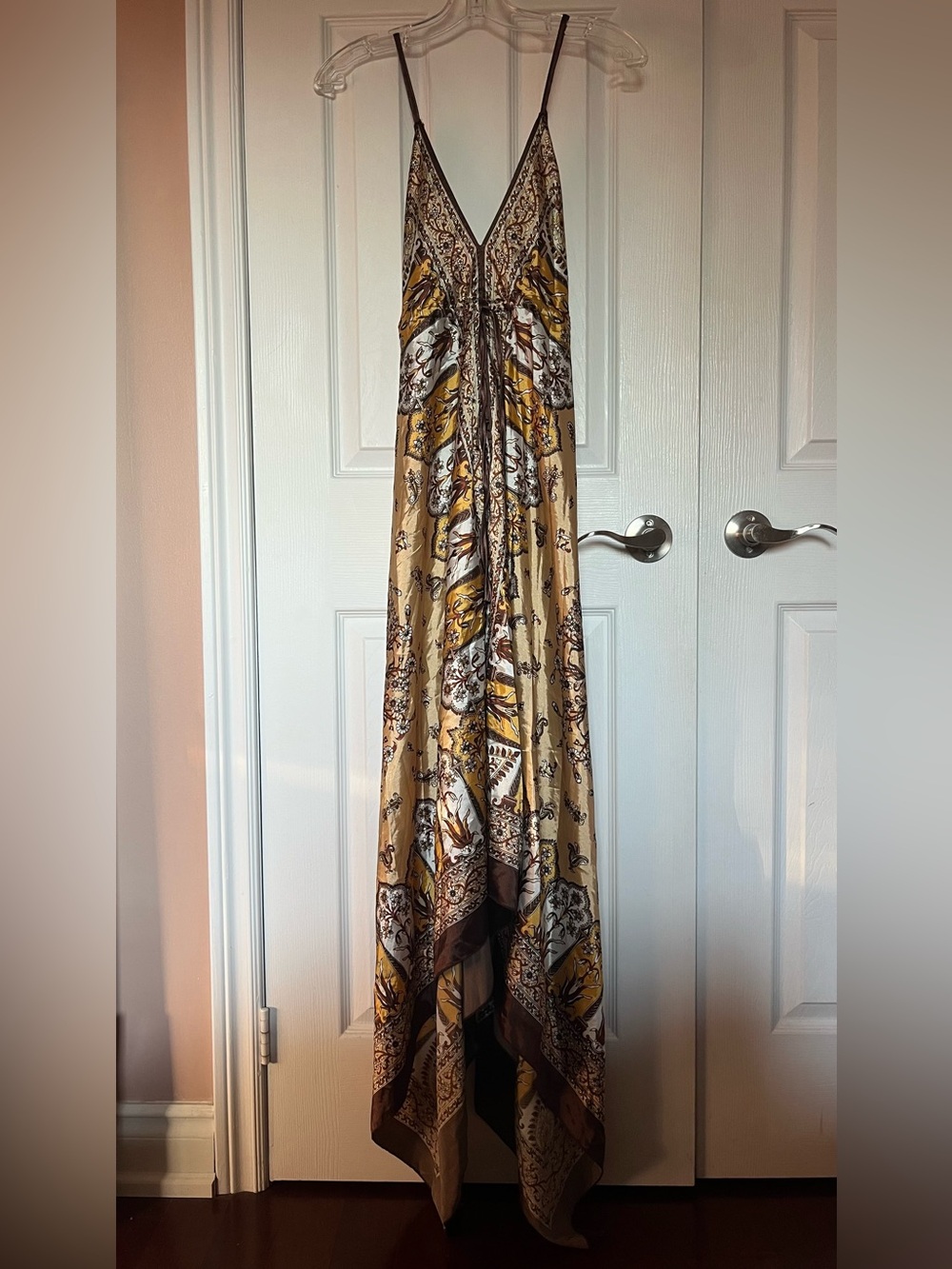 Vintage Golden Paisley V-Neck Maxi Dress with Adjustable Straps